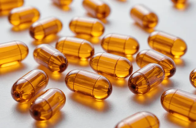 Hard gelatin capsules in warm amber tones